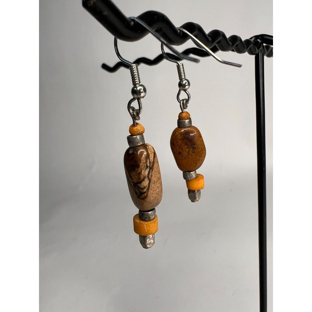 Lifestylist Look Artisan Drop Pierced Earrings OS Brown Jasper Orange Silver